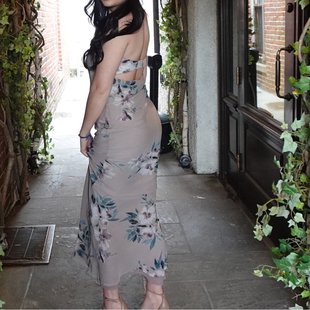 beige floral dress with mid open back